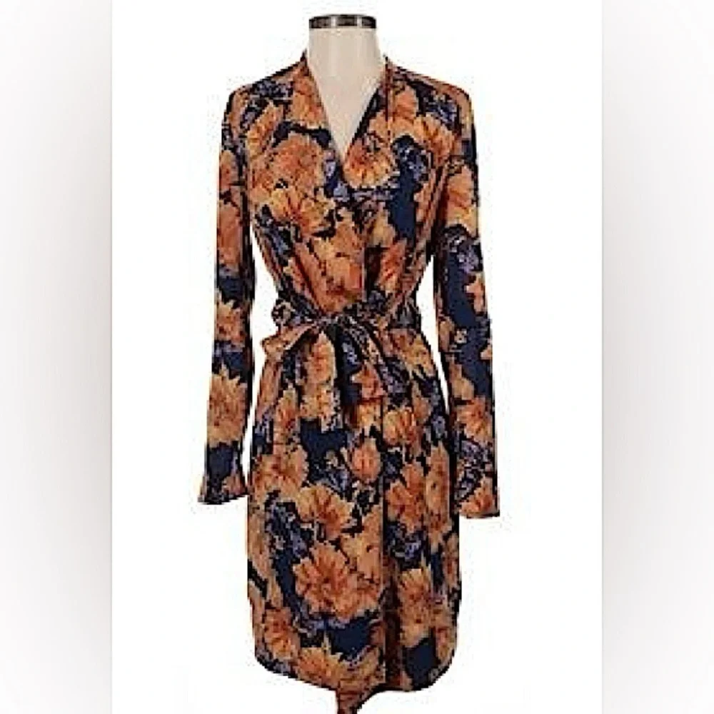 Babaton Aritzia Blue Orange Quincy Floral Trench Cardigan Jacket Wrap Dress - Picture 17 of 17